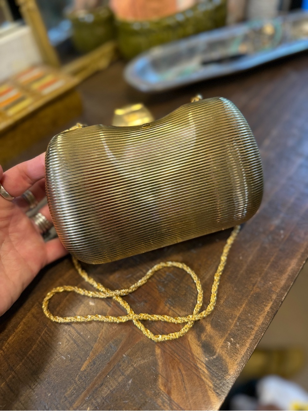 Vintage Saks Fifth Avenue Gold Ribbed Metallic Evening Clutch with Chain